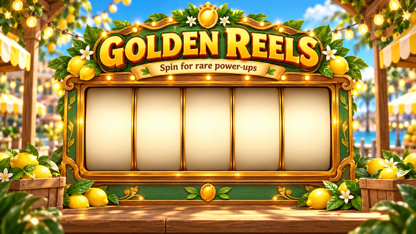 Golden Reels machine surrounded by lemons and golden lights